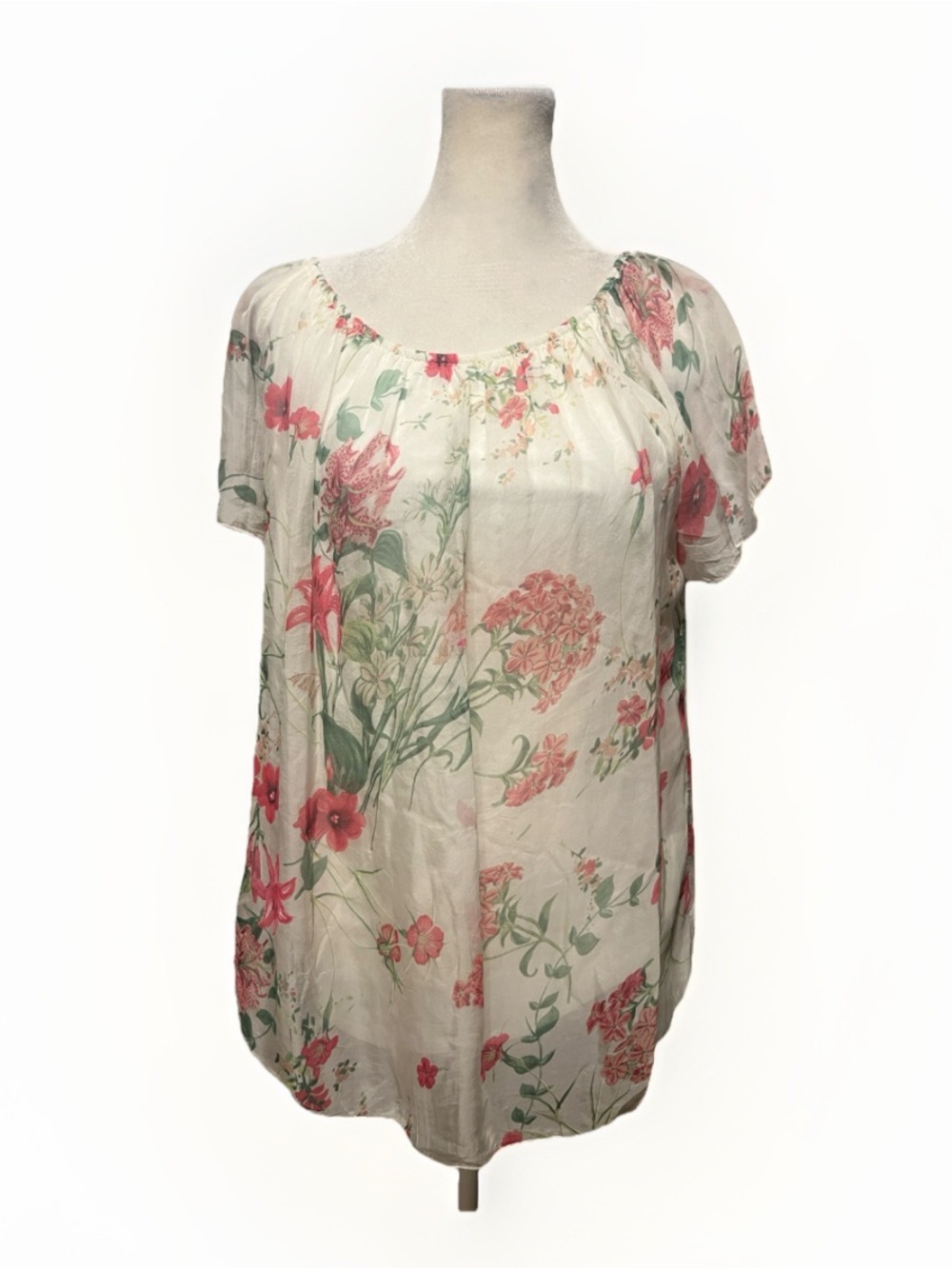 Floral silk blouse top short sleeve flowy sheer feminine cottage peasant